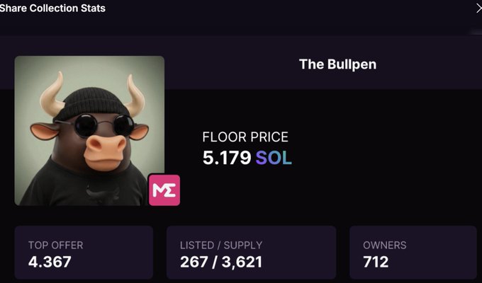 A digital collectible card titled 'The Bullpen' showing a bull character with sunglasses, with a floor price of 5.179 SOL and 712 owners.