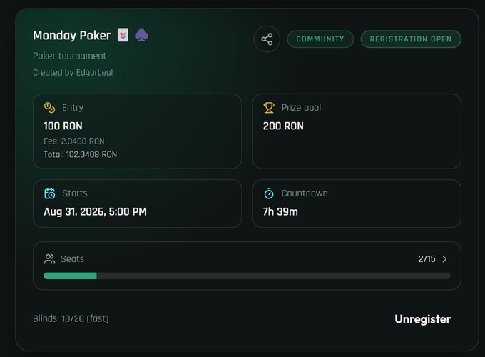 A poker tournament registration page for 'Monday Poker' created by EdgarLeul, with a 100 RON entry fee, 200 RON prize pool, starting Aug 31, 2026, 5:00 PM, with 2/15 seats filled.