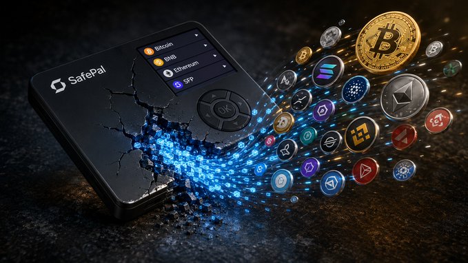 A SafePal hardware wallet is shown cracked open with various cryptocurrency coins, including Bitcoin and Ethereum, emerging from it.