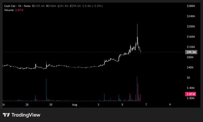 A TradingView 1-hour candlestick chart for 'Cash Cat' (fomo) showing a price spike to $99.5M before declining, with volume bars at the bottom in cyan and pink.