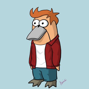 A cartoon illustration of a character with an exaggerated long gray beak, orange spiky hair, wearing a red jacket over a white shirt and blue shorts.
