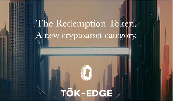 The image features a cityscape with tall buildings, including one that has a "0/ Crypto" logo on its side. The text above the image reads "The Redemption token." This suggests that there might be an initial coin offering (ICO) for this token or a new cryptocurrency category being introduced by Tok-Edge.
