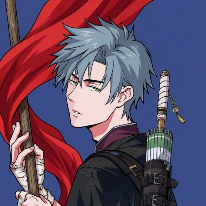 An anime-style illustration of a young man with spiky teal hair and green eyes holding a red flag and wearing a katana strapped to his back.