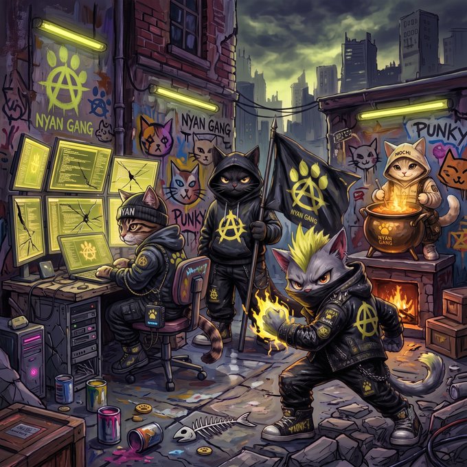 An illustrated scene depicts the "Nyan Gang"—Scratch, Whisk, Punky, and Mochi—operating out of a graffiti-covered, neon-lit hideout in Meowpolis, where they hack computers and brew chaotic potions while promoting "NYAN GANG" and "PUNKY" graffiti on the walls. The underground lair imagery ties directly to the post's announcement of "Nyanarchy" launching on the Robinhood Chain, visually representing the game's characters preparing to take over the streets and hack the "fiat system."
