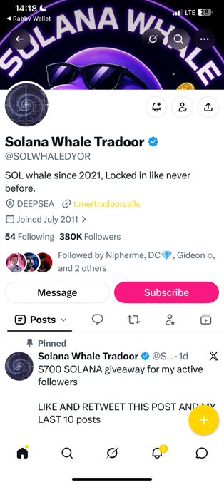 Twitter profile of 'Solana Whale Tradoor' (@SOLWHALEDYOR) with a banner featuring sunglasses, showing 380K followers and a pinned $700 SOLANA giveaway post.