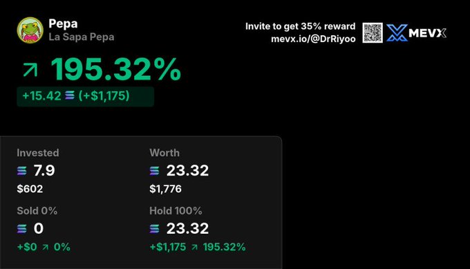 A portfolio screenshot shows the token "Pepa" (ticker: La Sapa Pepa) up 195.32% (+$1,175) on MEVX, with an initial $602 investment now worth $1,776—visually representing the user's "to the moon" gain claim tied to the "$10k now…" post.