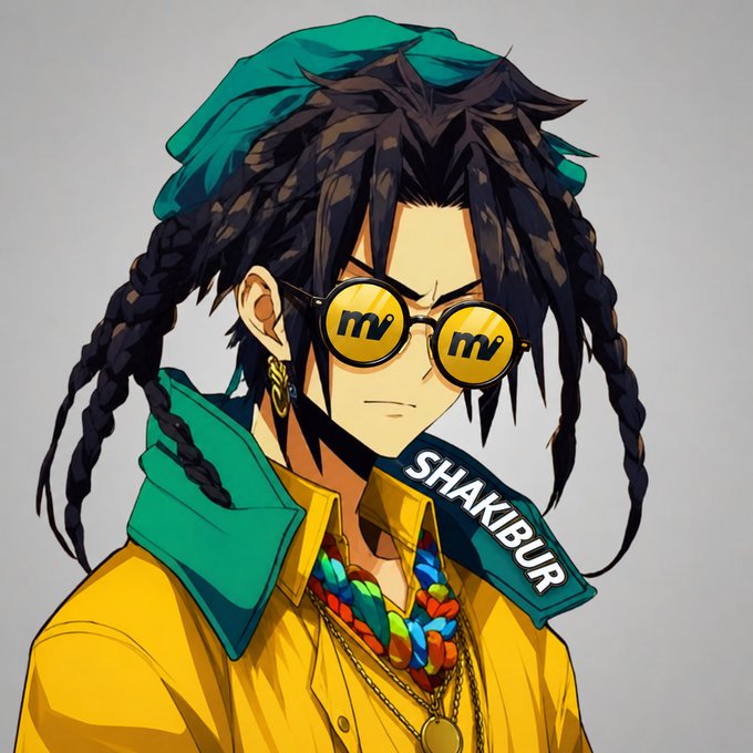An anime-style character with black braided hair, yellow 'MV' sunglasses, a teal beanie, a yellow jacket, and a colorful beaded necklace is labeled 'SHAKIBUR'.