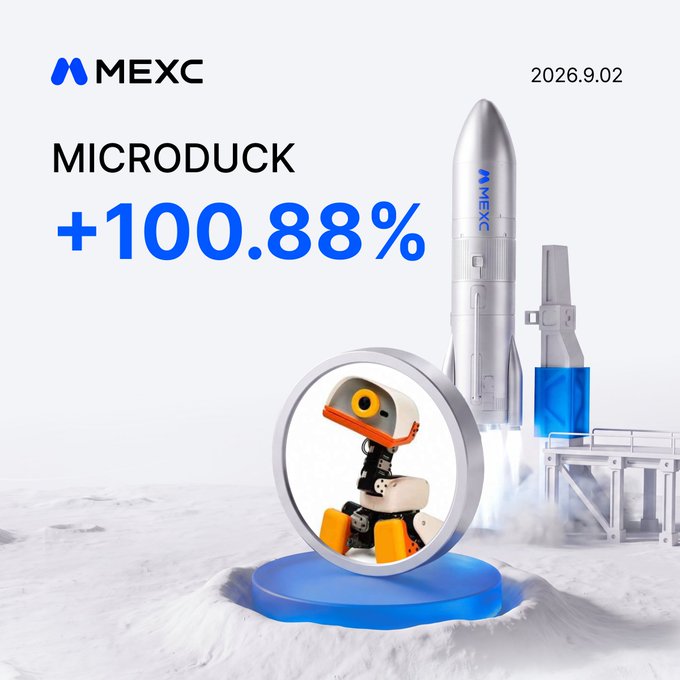 A 3D-rendered promotional graphic featuring a rocket launching from a snowy landscape, with a robotic duck character framed inside a circular display in the foreground. The image showcases MEXC's branding and highlights the MICRODUCK token's impressive gain of +100.88% on September 2, 2026.
