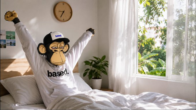 A person wearing a white 'based.' sweatshirt and a Bored Ape NFT-style mask, sitting up in bed with arms raised in a stretching motion in a sunlit room.