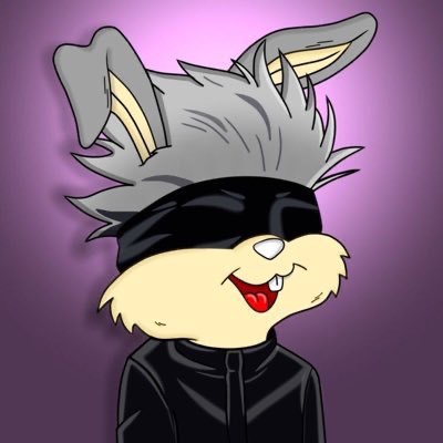 A cartoon illustration of a gray and cream-colored rabbit character with a black blindfold and black jacket, smiling against a purple gradient background.