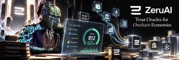 A promotional banner for ZeruAI describing it as 'Trust Oracles for Onchain Economics,' featuring an illustrated masked figure alongside an interface showing a 'High Trust' score of 812 with metrics for 0x43...8920 including Landing, Liquidity, Governance, Replacement, and Real Activity, with categories like Wallet behavior, Onchain Data, Trust Signals, and Open Finance.