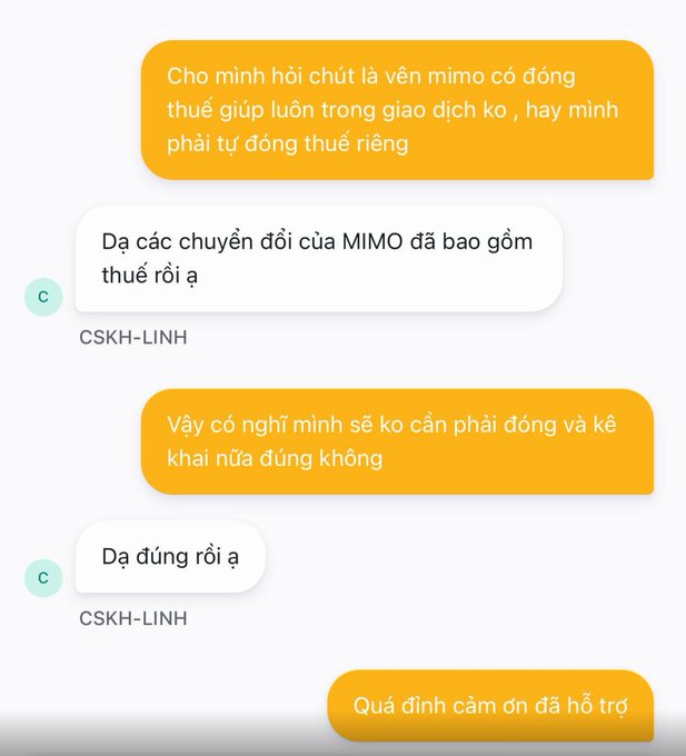 A Vietnamese-language chat conversation with CSKH-LINH discussing taxes (thuế) on MIMO transactions, where the agent confirms taxes are already included and no further declaration is needed.