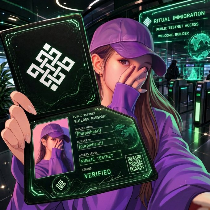 An anime-style illustration of a girl in a purple cap and hoodie holding a 'PUBLIC TESTNET BUILDER PASSPORT' with the name 'purpleheart' and status 'VERIFIED', set in a futuristic 'RITUAL IMMIGRATION' terminal.