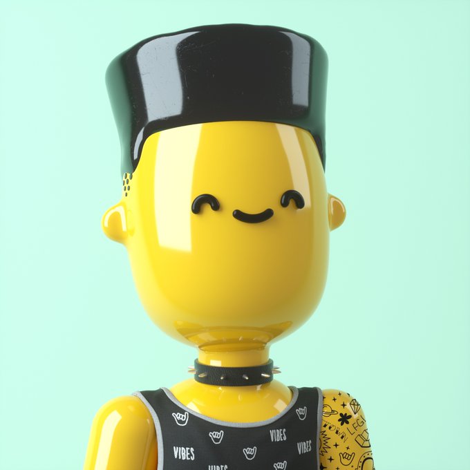 A 3D-rendered yellow character with a glossy black cylindrical haircut and closed smiling eyes wears a black studded choker and a black tank top covered in the word 'VIBES'.