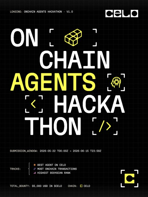 The image features an advertisement for an Onchain Agents Hackathon that has just ended. The poster displays a black background with white text, including the title "Onchain Agents Hackathon" and the words "Onchain Agents Hackathon". Below this, there are two images of blocks and a yellow block, along with some text about the hackathon. The image also includes a code that reads "@CeloDevs" and a link to the post where the image is located.