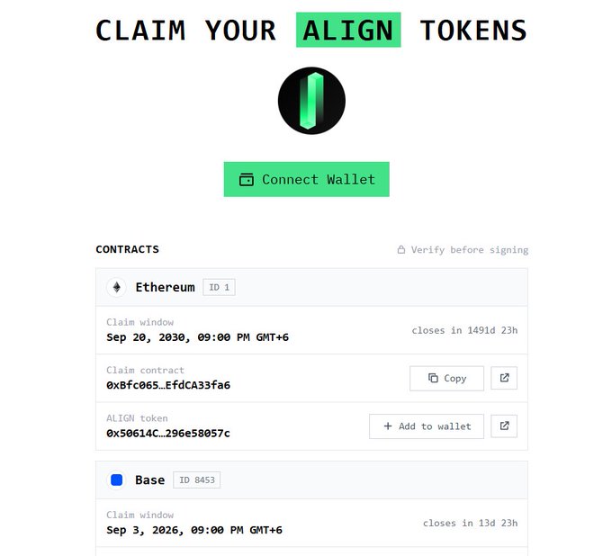 A "CLAIM YOUR ALIGN TOKENS" webpage displaying a Connect Wallet button and contract claim windows for Ethereum and Base networks.