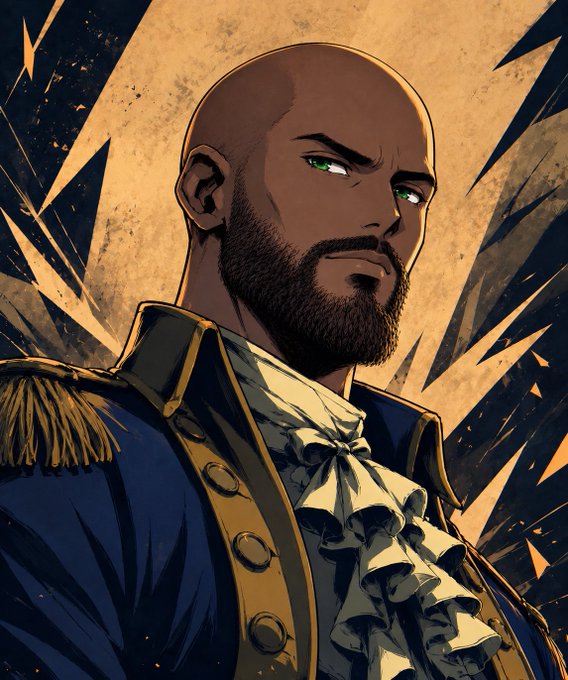 An illustrated portrait of a bald, bearded man with green eyes wearing a historical blue and gold military-style jacket with an elaborate ruffled cravat.