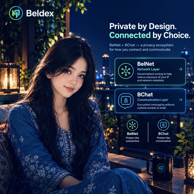 A promotional graphic for Beldex showing a young woman in a blue patterned outfit, with text reading 'Private by Design. Connected by Choice.' and explaining BelNet (Network Layer) and BChat (Communication Layer) features.