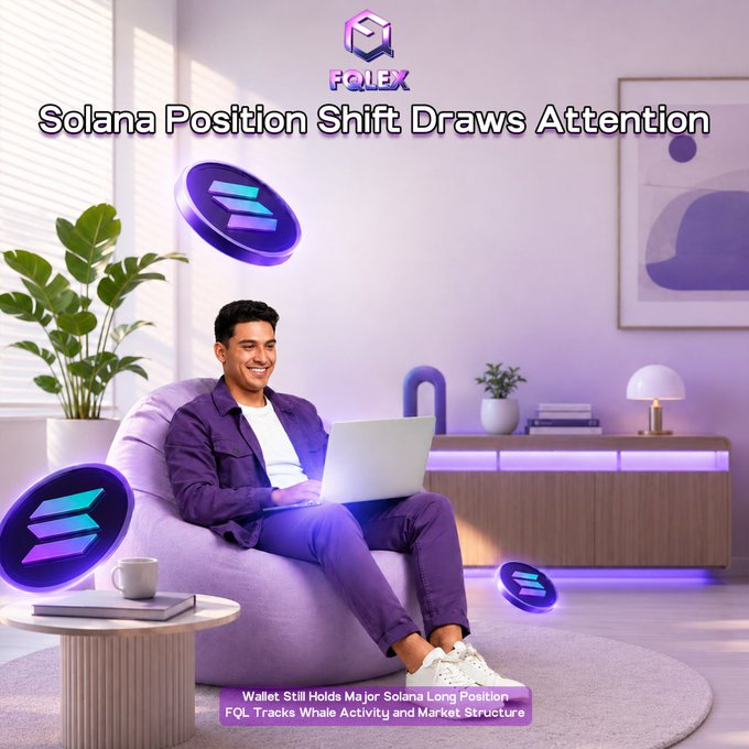 A smiling man relaxes on a purple beanbag chair with a laptop in a modern, purple-lit living room, surrounded by floating Solana (SOL) cryptocurrency icons. The image features the FQL logo at the top with the headline "Solana Position Shift Draws Attention" and a footer noting "Wallet Still Holds Major Solana Long Position - FQL Tracks Whale Activity and Market Structure." The scene visually represents the post's theme of monitoring significant whale trading activity and market movements in Solana.