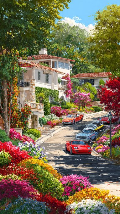 An impressionistic painting of a Mediterranean-style estate with a winding road lined with colorful flower bushes, luxury cars, and a grand house surrounded by lush greenery.