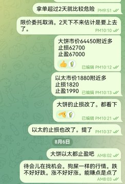WeChat chat screenshot with Chinese text discussing cryptocurrency trading, mentioning Bitcoin price levels around 1820, 1880, 62700, 7000, and dates like August 6.