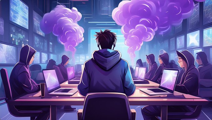 The image depicts hooded figures working intensely on laptops in a high-tech command center with glowing purple clouds overhead, evoking a clandestine, coordinated crypto research atmosphere. It visually represents the SMQKE Room's discussion on institutional crypto adoption, legislative moves like the CLARITY Act cloture, and the broader market structure developments including ETFs that shape the evolving digital asset landscape.