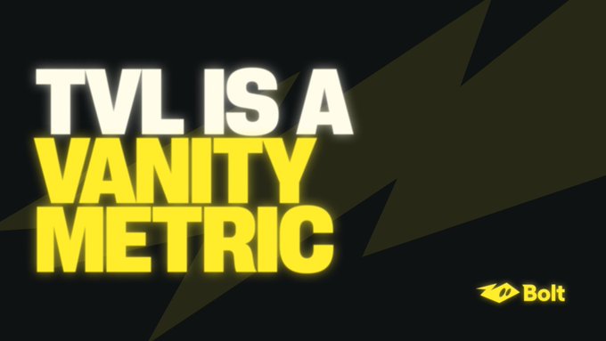The image features a black background with yellow text that reads "TVL is a vanity metric. The real measure: capital velocity. How much volume moves per dollar locked? That's what'S reshaping Sui'S infrastructure. Execution quality over idle depth.". This message seems to be related to the concept of vanity metrics and their impact on businesses, specifically in terms of measuring the effectiveness of marketing efforts or other business operations.

The image also includes a logo for "Bolt", which is likely associated with the company behind the text. The combination of black background and yellow text creates a striking contrast that makes the message stand out.
