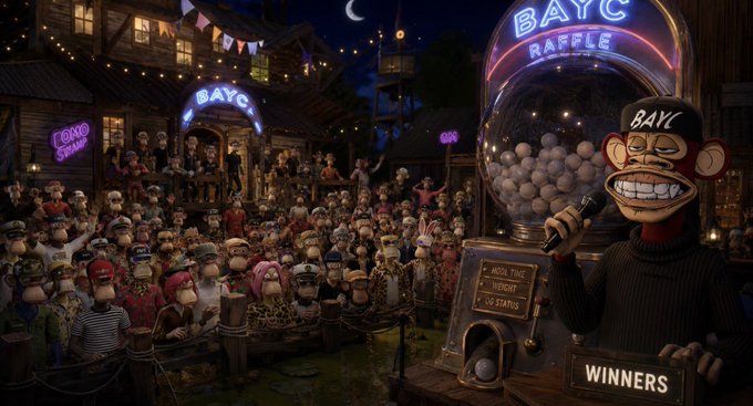 The image features a cartoon scene of a man standing at a microphone, giving a speech or announcement to an audience made up of cartoon characters. The crowd consists of various people gathered around him, some sitting down while others stand. In front of them is a large ball filled with prizes, likely used for the raffle system. The post also mentions that there are winners in the image and provides information about the new weighted raffle system being rolled out by @yugalabs.