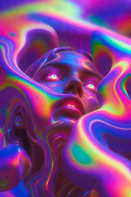 A surreal, vibrant digital portrait features a woman's face surrounded by swirling, iridescent rainbow liquid forms.