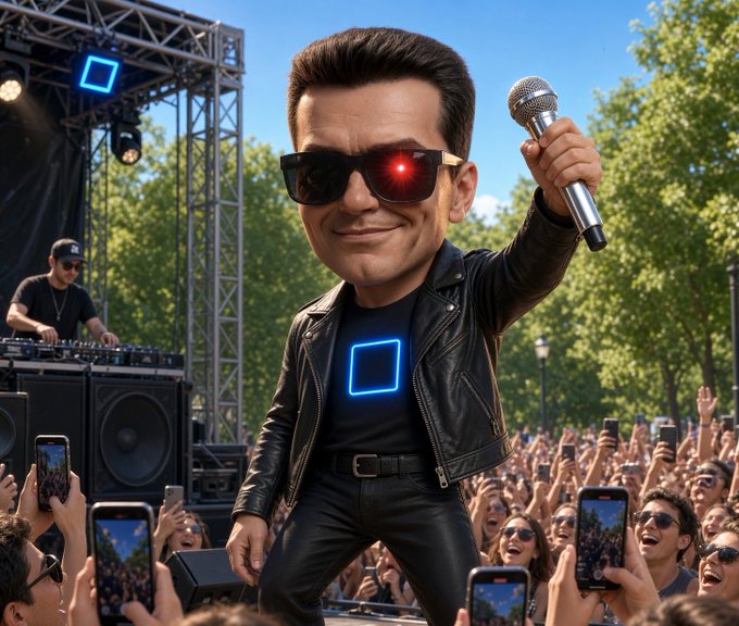 A stylized 3D-rendered character resembling a rock star with a glowing red cybernetic eye, sunglasses, and a black leather jacket performs on stage with a microphone while holding a glowing blue square object, with a crowd of fans filming on phones.