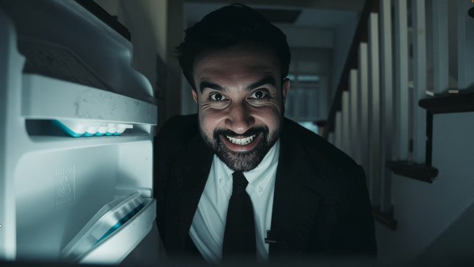 A man in a suit grinning manically while peering into an open refrigerator, illuminated by its cold blue light.