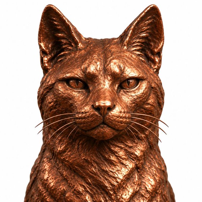 A close-up image of a textured, bronze-colored sculpture of a cat's head against a white background.