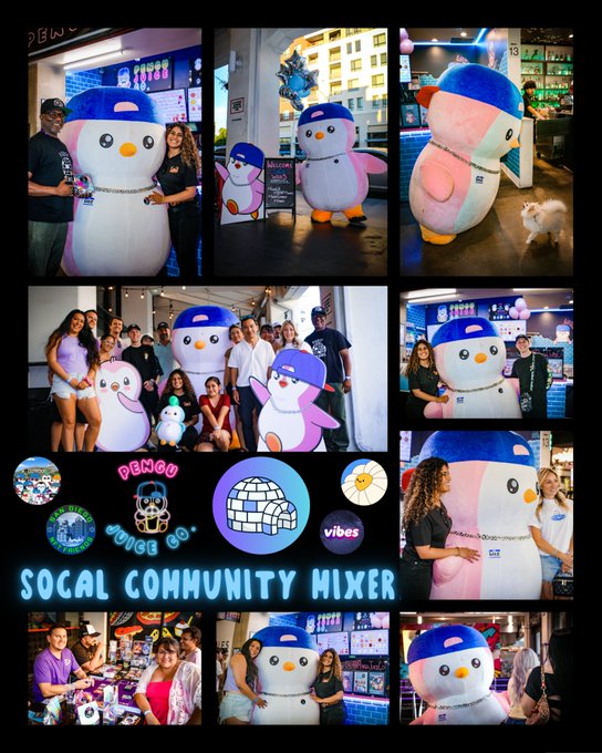 A promotional collage for a "Social Community Mixer" featuring multiple photos of people posing with large penguin mascots wearing blue caps.