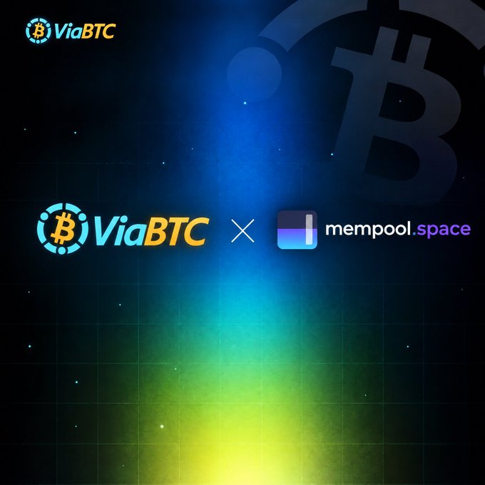 The image showcases a partnership announcement between ViaBTC and mempool.space, featuring both logos alongside a large Bitcoin symbol on a dark blue background with green and blue light accents, visually reinforcing the post's announcement of expanding Bitcoin transaction acceleration services to more users through this collaboration.