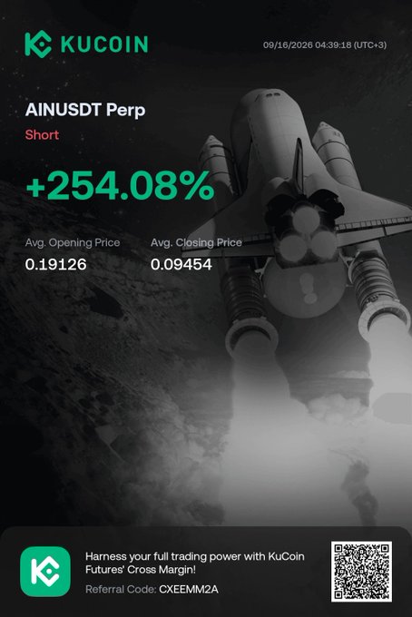 A KuCoin promotional graphic showing a 'Short' position on the AINUSDT Perp with a +254.08% gain, featuring a space shuttle launching image and a referral code 'CKEEMM2A'.