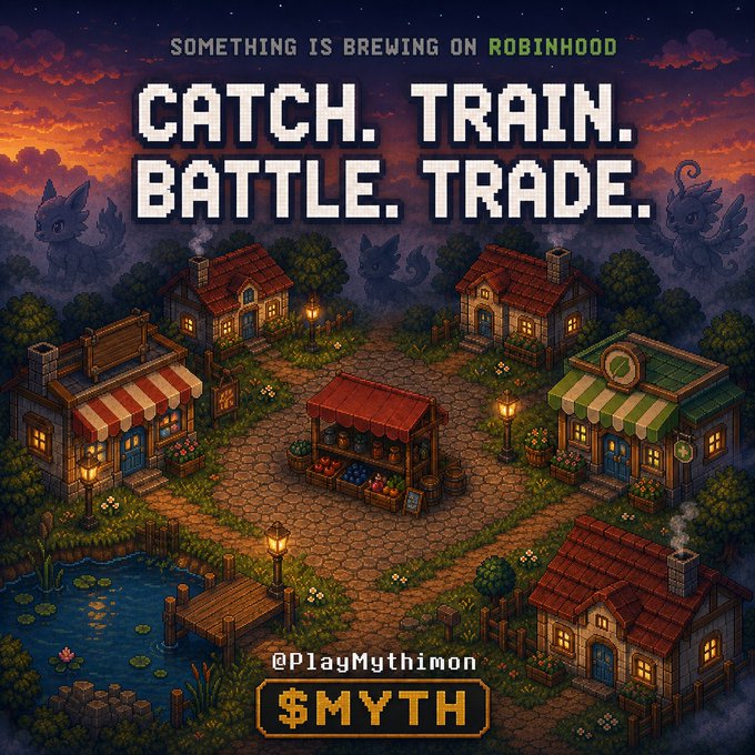 A pixel-art promotional image for a Robinhood-related crypto project called Mythimon ($MYTH), featuring the text 'SOMETHING IS BREWING ON ROBINHOOD' and 'CATCH. TRAIN. BATTLE. TRADE.' above an illustrated fantasy village scene with houses, a market, and a pond at twilight.