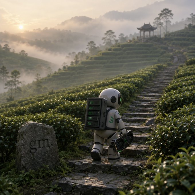 A small white robot with green-lit solar panels on its back climbs stone steps through terraced green tea fields, with a traditional Asian pagoda visible in the misty background at sunrise.