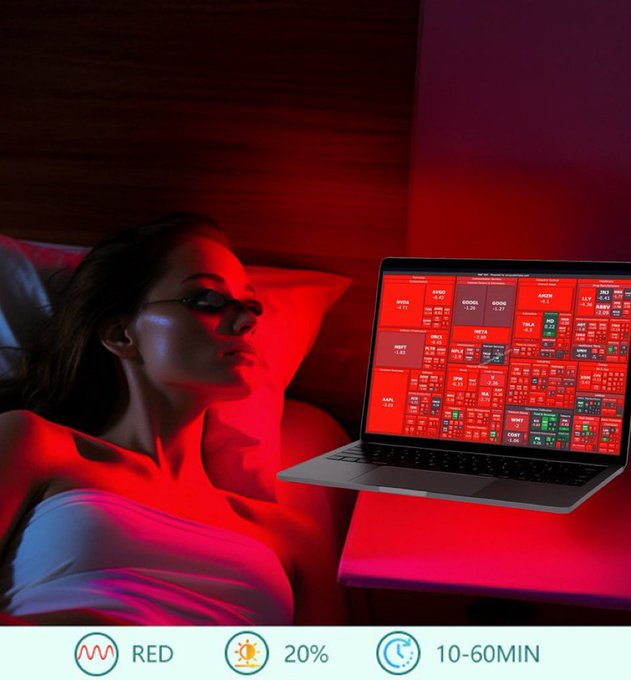 The image shows a woman laying down with an open laptop displaying a red grid of numbers, possibly representing stock data or a financial chart. Above the scene, there is a text that reads "Degens waking up today." This suggests that the woman might be experiencing some sleep-related issues, such as Insomnia or sleep disorders related to stress, anxiety, or other personal factors. The laptop screen's red color could also indicate an unhealthy working environment, which might contribute to these problems. It is essential for her to consult a healthcare professional and seek solutions if she continues to struggle with poor sleep quality and daytime fatigue.