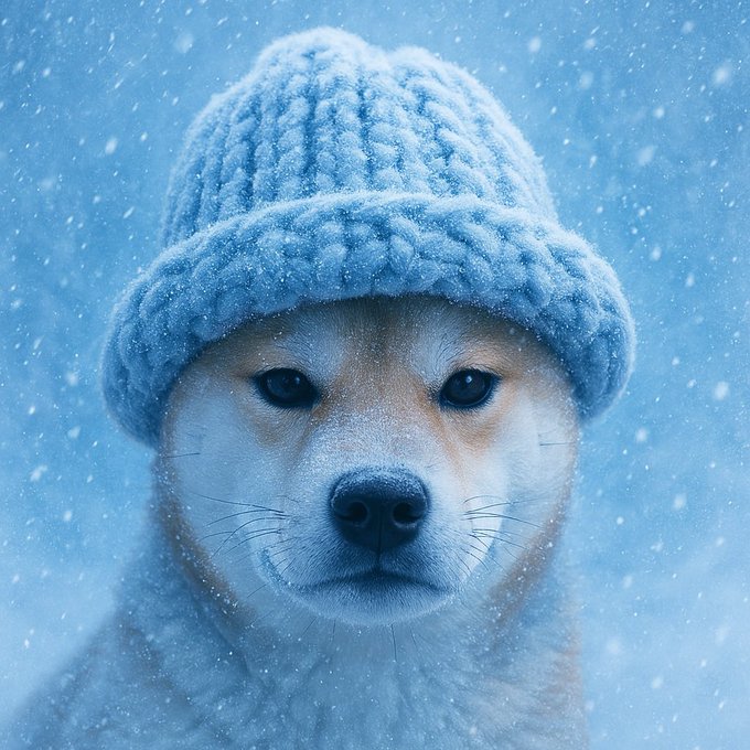 A Shiba Inu dog wearing a chunky knit blue beanie is pictured in close-up during a snowfall, with snowflakes visible against the blue-tinted background.