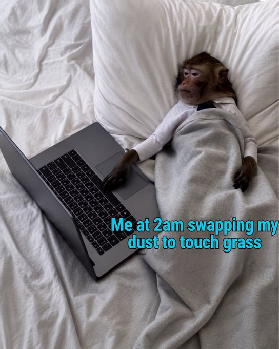 A tired-looking monkey in pajamas lies in bed with a laptop, appearing exhausted, paired with the caption "Me at 2am swapping my dust to touch grass," humorously depicting the fatigue of late-night gaming or online trading by referencing the internet slang for going outside.