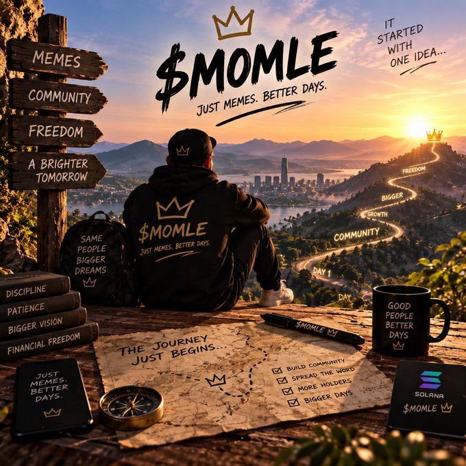 A motivational promotional image for the $MOMLE token ("Just memes. Better days.") showing a person in a black branded hoodie overlooking a sunset cityscape, with wooden signs reading MEMES, COMMUNITY, FREEDOM, A BRIGHTER TOMORROW, and various branded merchandise including a backpack, mug, compass, and Solana-branded card.