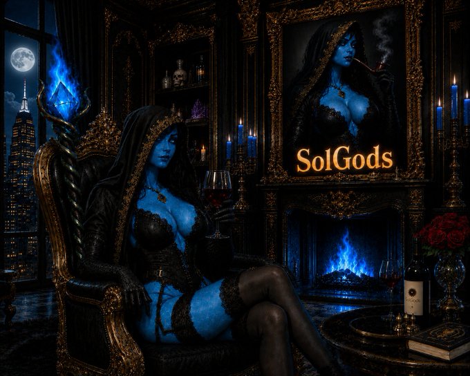 The image features a woman with blue skin wearing a black dress sitting in a chair next to a fireplace. She holds a wine glass and a book, suggesting she may be enjoying some leisure time or reading while sipping her drink. The room is decorated with various items such as vases, bottles, and books, giving it an elegant and sophisticated atmosphere. In the background, there are two paintings depicting women in robes, adding to the overall ambiance of mystery and intrigue.