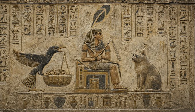Ancient Egyptian hieroglyphic relief depicting a seated pharaoh flanked by a bird holding a scale and a cat, framed by rows of hieroglyphic inscriptions. The image of a cat appears to playfully reference the "$CASHCAT" cryptocurrency token mentioned in the post, lending a mystical, ancient-civilization aesthetic to the memecoin promotion.