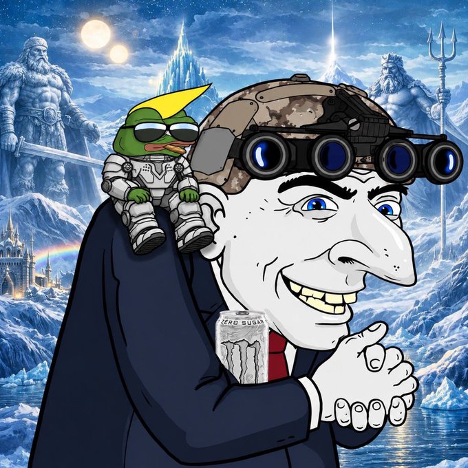 A cartoon illustration depicting a 'Soyjak' character wearing tactical goggles and holding a Zero Sugar soda, with a Pepe astronaut figure on his shoulder, set against a fantasy mountain landscape with viking gods.