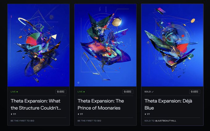 Three blue-toned digital artwork listings titled 'Theta Expansion: What the Structure Couldn't...', 'Theta Expansion: The Prince of Moonaries', and 'Theta Expansion: Déjà Blue', showing live and sold statuses with prices of 0.03 ETH.