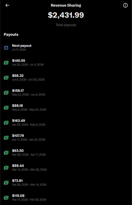 A Revenue Sharing screen shows total payouts of $2,431.99, with the next payout scheduled for Jul 17, 2026, and previous payouts ranging from $63.50 to $163.49, reflecting the biweekly earnings the user is referencing as a financial lifeline. The post describes relying on these small streaming payouts to cope with losses from $MSTR's dramatic drop from $540 to $80, highlighting the contrast between modest revenue-sharing income and significant investment debt.