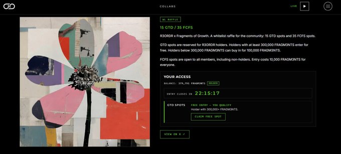 Website screenshot for '3.0ORD' raffle titled '15 GTD / 35 FCFS' featuring a colorful abstract flower artwork and entry details for 22:15:17.