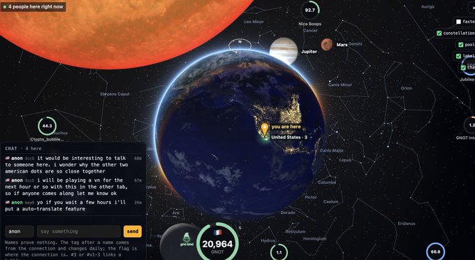 A 3D globe visualization in a chat-based social app called 'gmone', showing Earth's location in space near a red planet and Jupiter, with 20,964 GMONE tokens and live chat messages visible.