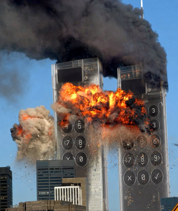 The image depicts a graphic superimposed on the Twin Towers of the World Trade Center, showing calculator buttons and explosions, relating to the post's theme of "The 9/11 of Self-Custody." The calculator buttons visible include numbers like 3, 4, 5, 6, 7, 8, 9, 0, along with symbols like '<', '>', and '✓'.