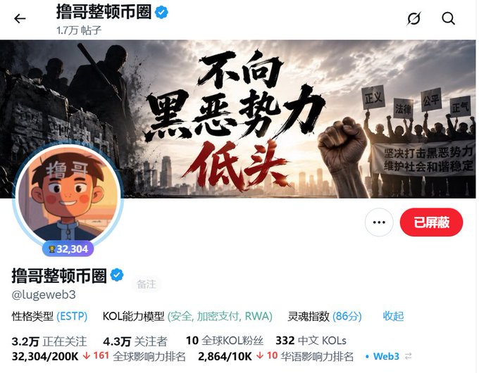 A Twitter/X profile page for '撸哥整顿币圈' (@lugeweb3) with a banner about anti-crime campaigns ('不向黑恶势力低头' meaning 'Don't bow to evil forces') showing 32,304 followers and a KOL ranking of 2,864/10K on 华语影响力排名.